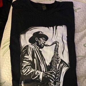 Gildan Black Graphic Tee with Saxophonist Design